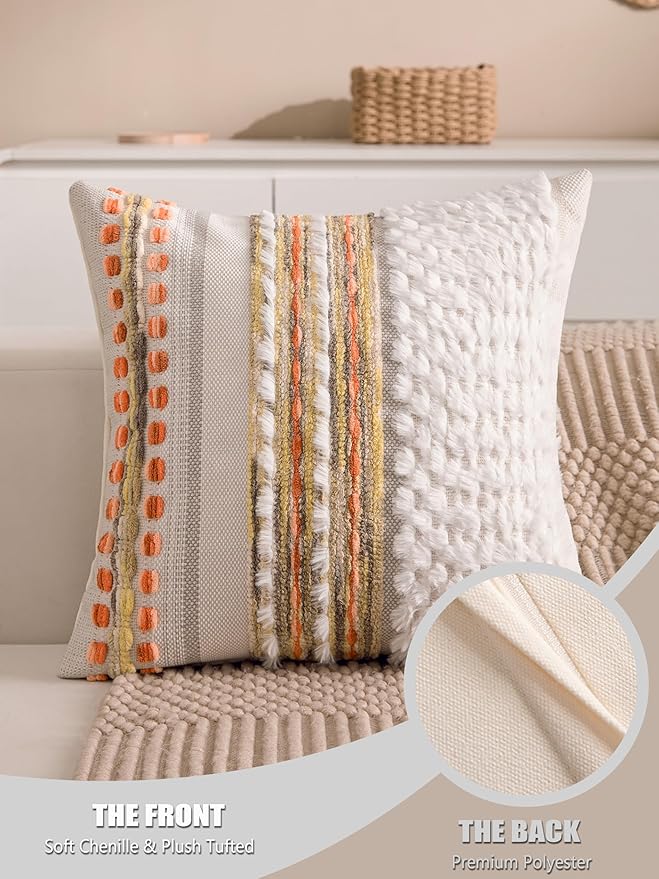 Fall Boho Chenille Tufted Throw Pillow Covers 18x18 Inch Set of 2 Farmhouse Striped Couch Decorative Pillow Covers Accent Neutral Pillowcase Yellow Orange Cushion Cover for Livingroom Sofa Bed-Ruum Studio Home
