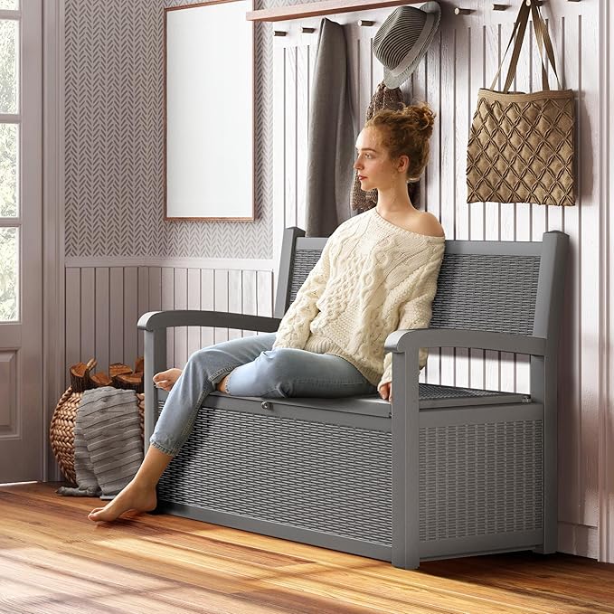 70 Gallon Deck Bench with Storage,Outdoor Storage Box Bench Waterproof&Lockable, Resin Patio Furniture with Armrest for Patio, Porch, Garden,Grey-Ruum Studio Home