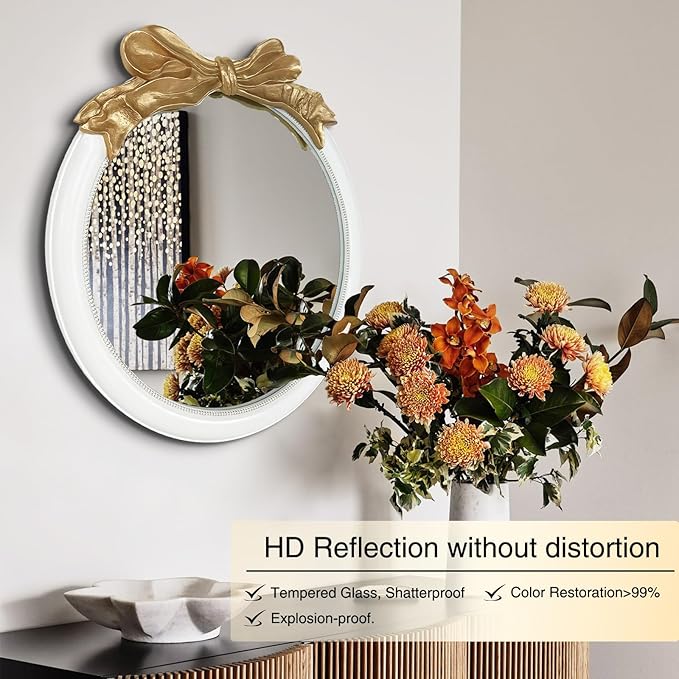 26x26 inch Bow Antique Mirrors for Wall, Round White and Gold Decorative Wall Mounted Mirror, Circle Antique Mirrors Suitable for Bedroom, Hallway, Living Room Decoration, Bathroom Sink-Ruum Studio Home