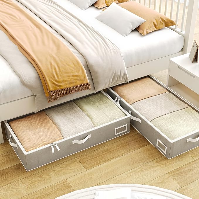 Under Bed Storage Containers, 2-Pack Underbed Storage Box, Collapsible Clothes Storage Bins with Handles and Lid, Large Under Bed Organizers for Shoe, Blanket, Pillow, Sheet, Gray-Ruum Studio Home