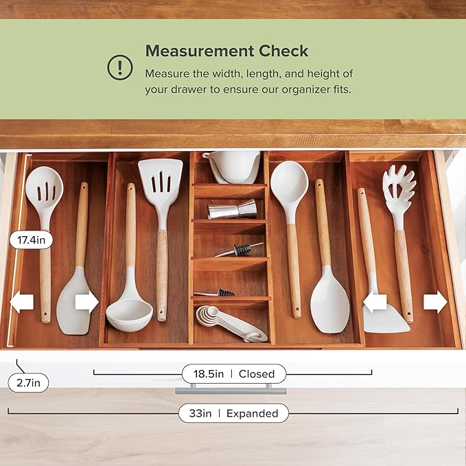 Adjustable Kitchen Drawer Organizer for Utensils and Junk, Food-Safe Contract Grade with 100% Sustainable Wood, Non-Slip, Expandable from 18.5 to 33 Inches Wide - Natural Acacia-Ruum Studio Home