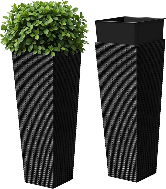 Devoko Resin Tall Planters for Outdoor Plants Set of 2, Large Taper Outdoor Planter Pots with 4 Drainage Holes, Flower Pots Modern Decor for Porch, Patio, Backyard, Home Garden (Black, 32")-Ruum Studio Home