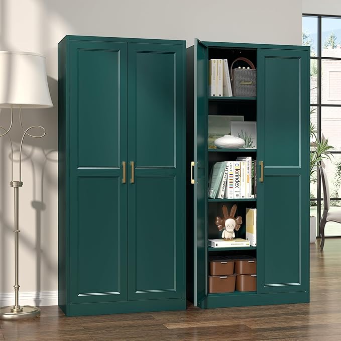 Kitchen Pantry Cabinet,71”Green Metal Pantry Storage Cabinets with Doors and 4 Adjustable Shelves,Kitchen Cabinet with 2 Gold Handles,Tall Cabinet for Livingroom, Bathroom-Ruum Studio Home