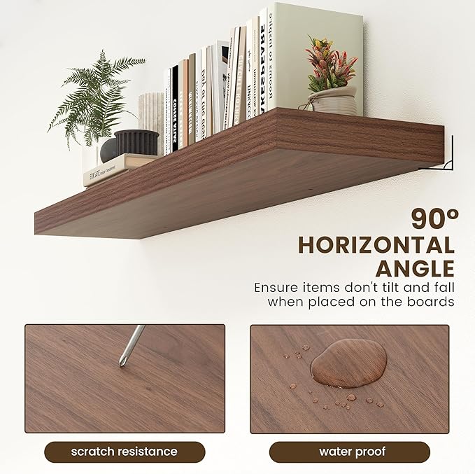 Deep Floating Shelves for Wall - 55 Inch Wide x 12 Inch Deep Wall Shelves Set of 1 - Rustic Walnut Color Wood Shelves for Living Room, Bathroom, Laundry Room, Bedroom, Kitchen, Home Office-Ruum Studio Home