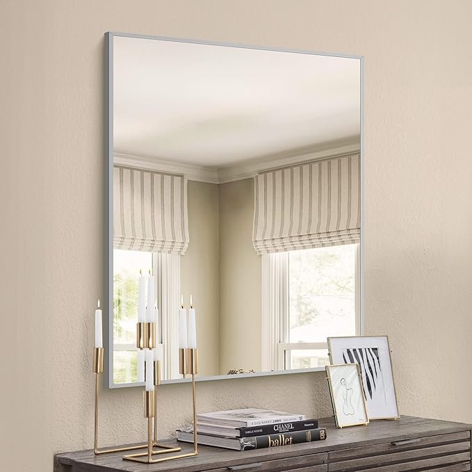 30x40In Silver Bathroom Mirror for Wall, Brushed Nickel Rectangle Mirrors with Metal Frame, Bathroom Rectangular Mirror Modern Wall Mirror for Bedroom Living Room, Hangs Horizontal or Vertical-Ruum Studio Home