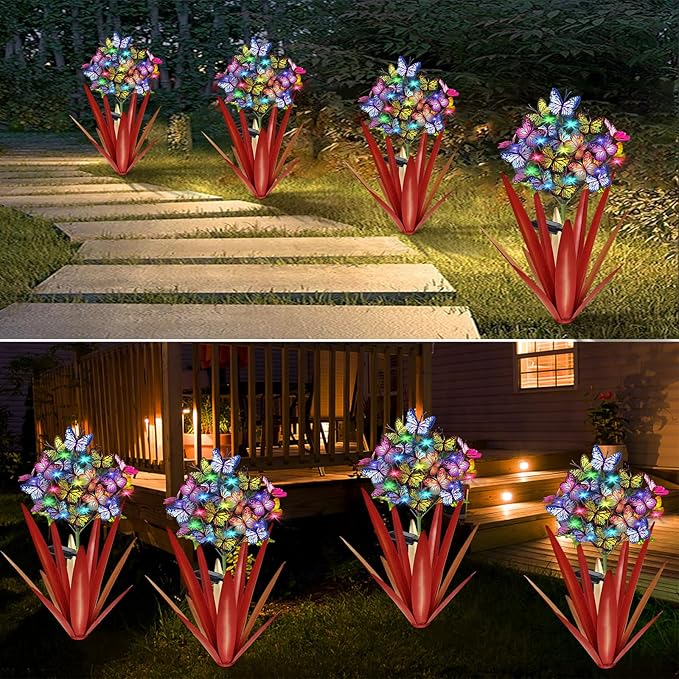 Homight Solar Metal Agave Butterfly Flower Stick Garden Sculpture - Outdoor Gift, Christmas Lights - Swaying Butterfly Garden Lights - Solar Outdoor (3 PCS RED)-Ruum Studio Home