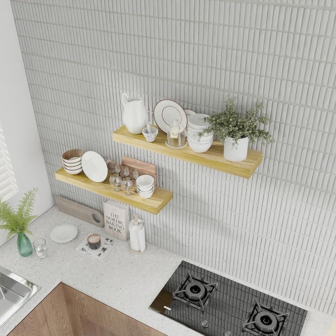 IAE Floating Wall Shelves 24 inch,Bathroom Shelves Wall Mounted,Invisible Shelves Floating Kitchen Shelves,Wooden Wall Shelves with Brackets for Living Room Wall Mounted,Easy Install,Set of 2,Natural-Ruum Studio Home