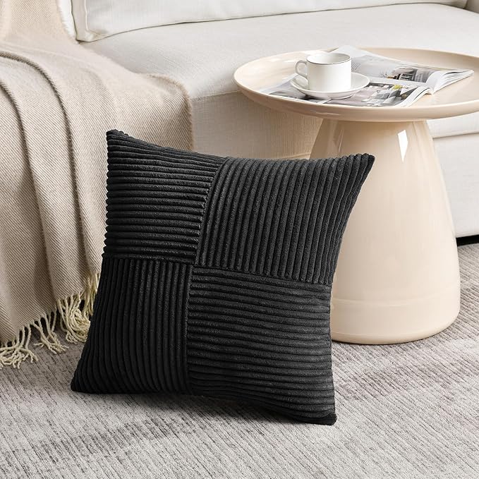 Fancy Homi 2 Packs Black Samll Decorative Throw Pillow Covers 14x14 Inch with for Couch Bed Sofa, Rustic Farmhouse Boho Home Decor, Soft Corss Patchwork Corduroy Square Cushion Case 35x35 cm-Ruum Studio Home