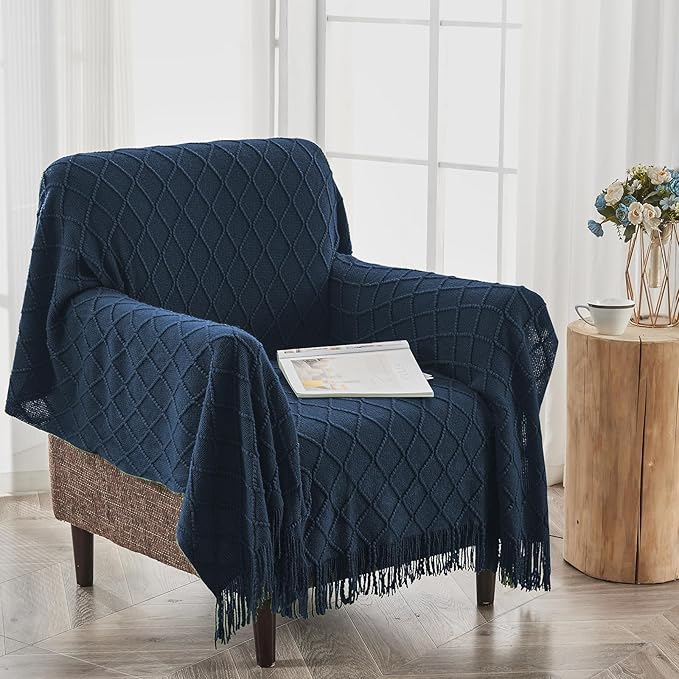 inhand Knitted Throw Blankets for Couch and Bed, Soft Cozy Knit Blanket with Tassel, Dark Blue Lightweight Decorative Blankets and Throws, Farmhouse Warm Woven Blanket for Men and Women, 60"x80"-Ruum Studio Home