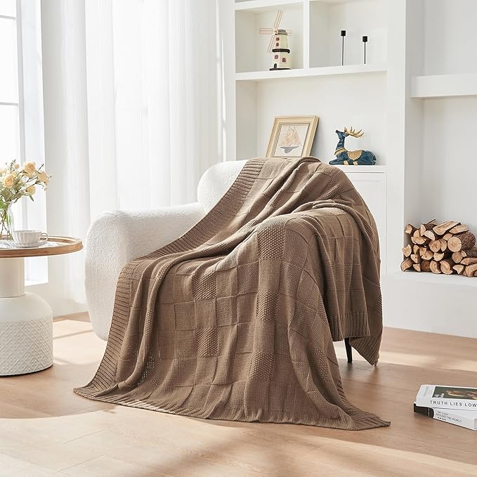 CozeCube Check Knit Throw Blanket, Light Brown Checkered Throw for Couch, Decorative Christmas Soft Cozy Warm Knitted Blanket for Bed Sofa Living Room, 50"X60"-Ruum Studio Home