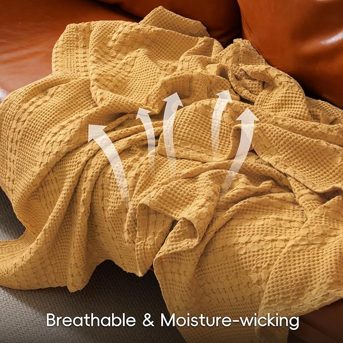 PHF 100% Cotton Waffle Weave Blanket Twin Size, Soft Lightweight Breathable Cozy Summer Blankets for Bed, Luxury Aesthetic Woven Bedding for Home Decor, 66"x90", Ginger/Honey Yellow-Ruum Studio Home