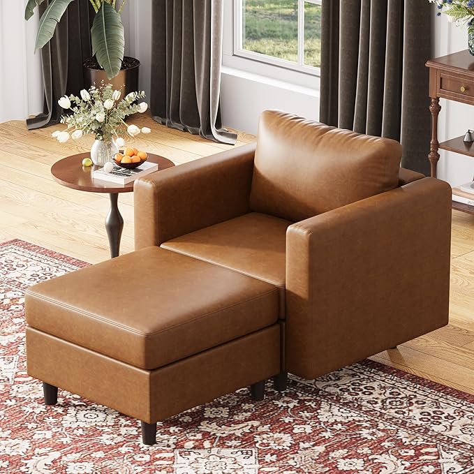 Faux Leather Single Sofa with Storage Ottoman, Modern Accent Chair Deep Seat Large Reading Armchair, Chaise Lounge Chair for Living Room Bedroom Office Brown-Ruum Studio Home