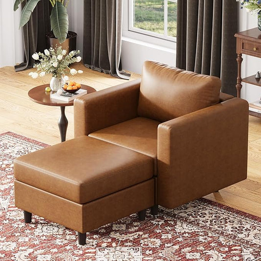 Faux Leather Single Sofa with Storage Ottoman, Modern Accent Chair Deep Seat Large Reading Armchair, Chaise Lounge Chair for Living Room Bedroom Office Brown-Ruum Studio Home