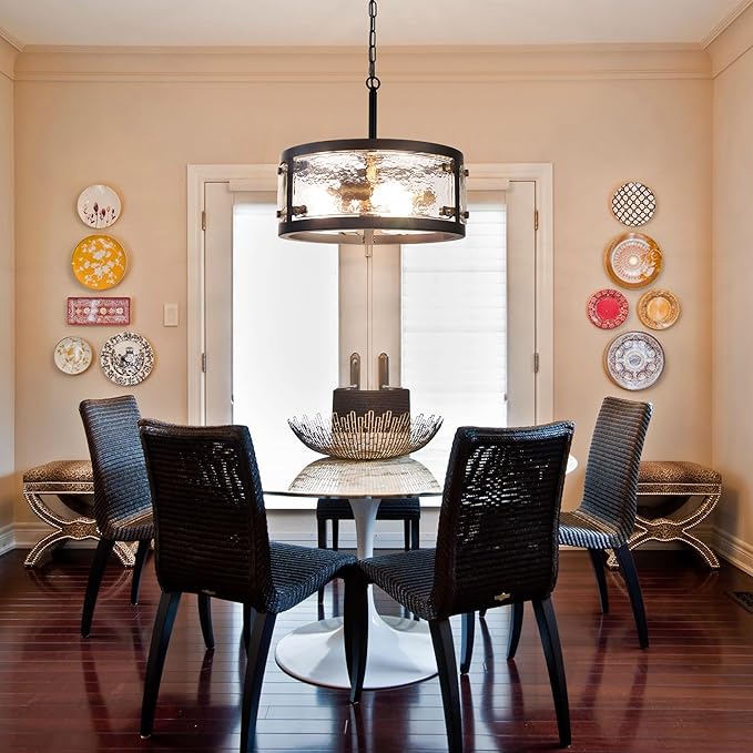 13" Industrial Drum Glass Chandelier, 3-Light Rustic Hanging Pendant Lights, Metal Round Lighting Fixture for Dining Room Foyer Entryway Hallway Bedroom, Clear Waterglass Drum Shade-Ruum Studio Home