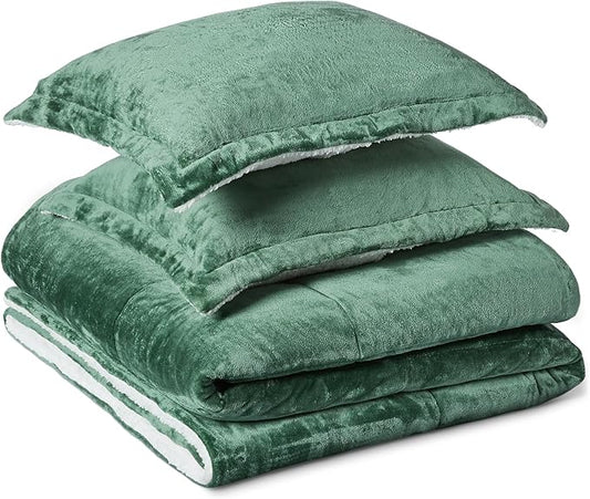 Amazon Basics Reversible Sherpa Comforter Set with Pillow Sham, Green, Queen/Full-Ruum Studio Home