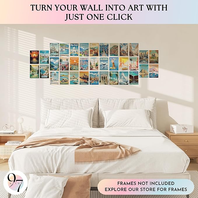 97 Decor Vintage Travel Decor - Travel Posters Wall Art Prints, Vintage Postcards from Around The World, City Landscape Aesthetic Pictures Retro Popular Cities Photo Collage Kit for Teen Bedroom (4x6)-Ruum Studio Home