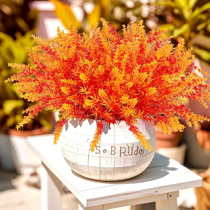 Geegoods 16 Bundles Artificial Fall Flowers Outdoor – Faux Lavender Flowers with Monkey Grass UV Resistant Plastic Faux Plants for Halloween Front Door Porch Patio Yard Balcony Decor, Orange Color-Ruum Studio Home