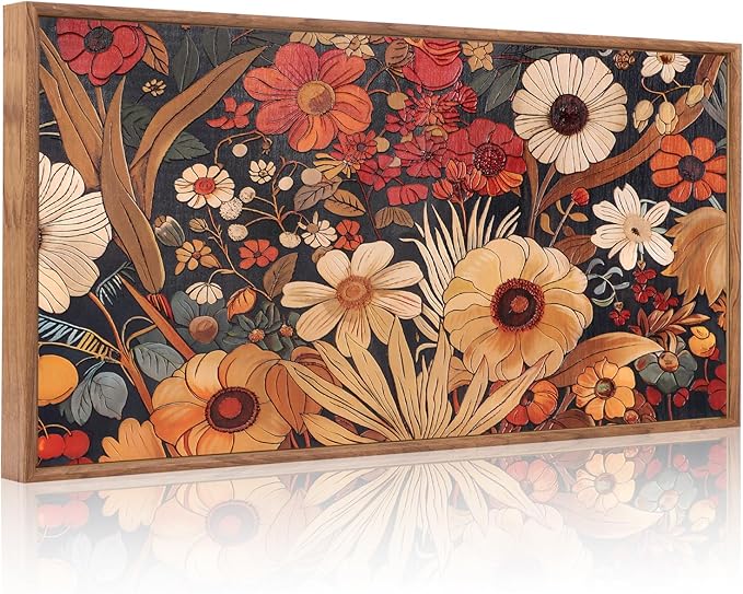 Aurlan Boho Burnt Orange Terracotta Wildflowers Framed Wall Art(40"x20"), Abstract Floral 3D Textured Canvas Artwork, Large Modern Vintage Botanical Nature Art Wall Decor for Home Office Living Room Bedroom-Ruum Studio Home
