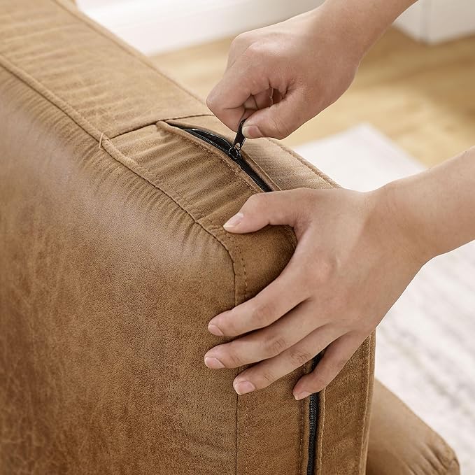 Extra Deep Accent Chair, Comfy Fabric Armchair with Wood Base, Upholstered Single Sofa Chair for Living Room & Bedroom, Faux Leather Brown-Ruum Studio Home