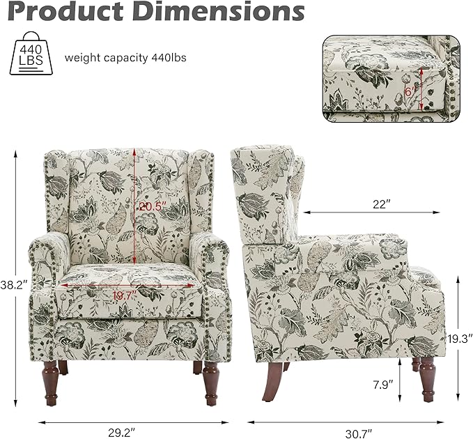 UIXE High Back Floral Accent Chairs Set of 2, Upholstered Armchair in Fabric, Retro Printed Wingback Arm Chair for Living Room, Nailhead Trim Single Sofa Bedroom Reading Seat - Plants Beige-Ruum Studio Home