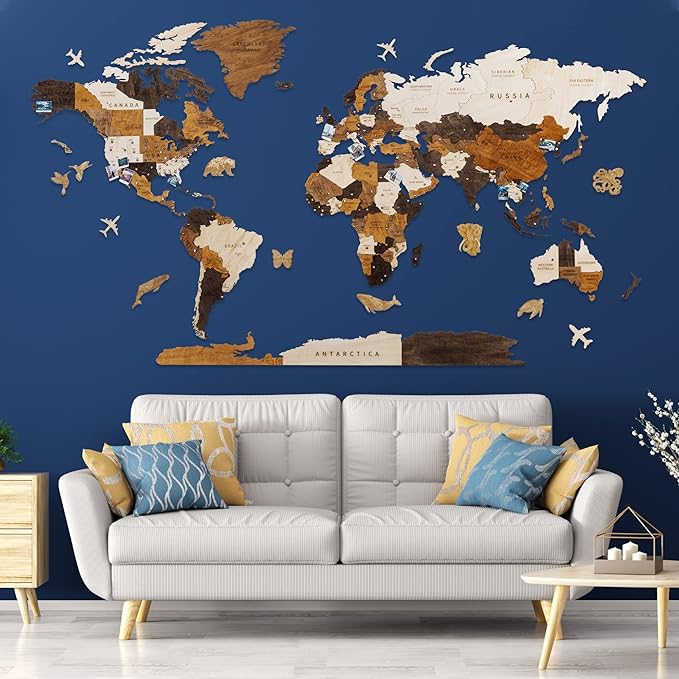 HYPERI Multilayered 3D Wooden World Map Wall Decor, Wood Art Wall Decor, Mapa Mundi Para Pared, World Maps and Push Pins, Valentine's Day Gifts For Dad, Mom, Boss, Husband, Wife (Large)-Ruum Studio Home