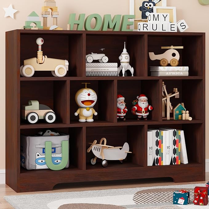 Book Shelf, 10 Cubes Storage Organizer, 3-Tier Open Shelf Wooden Bookcase, Freestanding Cherry Bookshelf Cube Shelf for Living Room-Ruum Studio Home