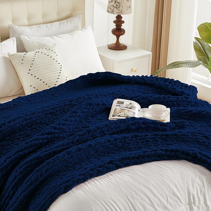 Carriediosa Chunky Knit Throw Blanket 50" X 60", 100% Hand Made Large Chenille Loop Yarn Soft Fluffy Throws for Couch Sofa Bed, Big Crochet Cozy Heavy Thick Cable Woven Blankets, Navy Blue-Ruum Studio Home