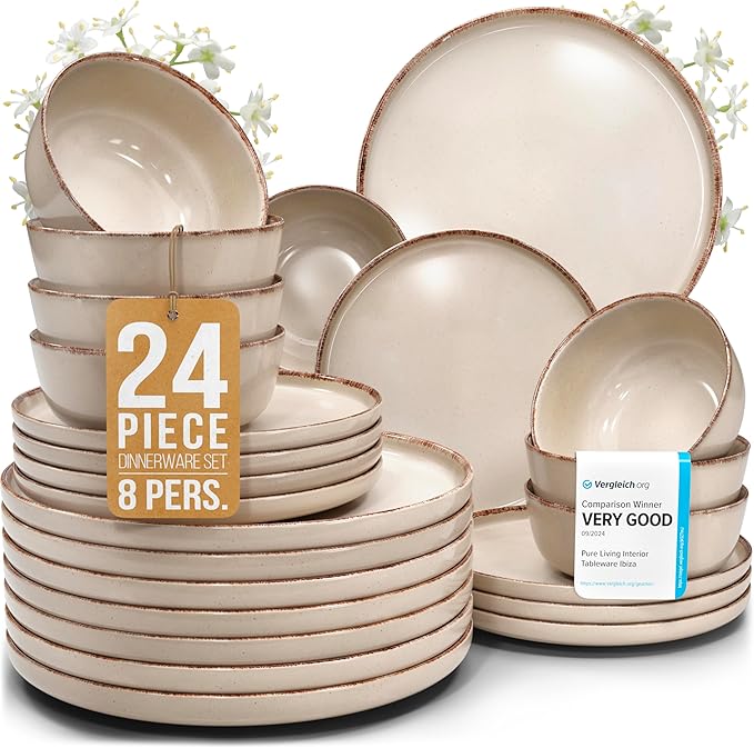 Stoneware dinnerware set 8 persons Rustic 24 pcs - Rustic design dinnerware set, dishwasher safe - Bowl and plate set - Pure Living dinnerware in beige…-Ruum Studio Home