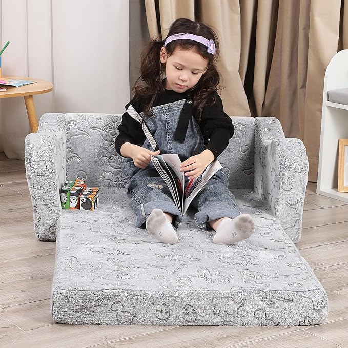 Kids Extra Wide Glow in The Dark Chairs for Toddler, 2-in-1 Toddler Soft Sherpa Couch Fold Out, Convertible Sofa to Lounger for Girls and Boys, Dark Grey-Ruum Studio Home