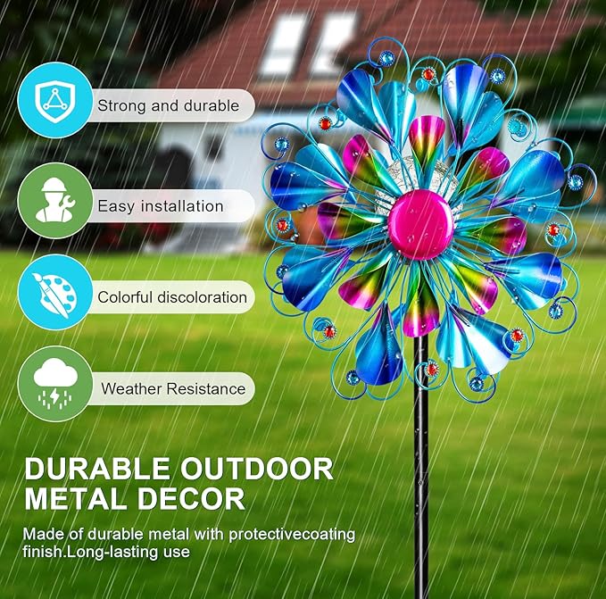 60'' Wind Spinner with Color Glass Ball Solar Lights, Blue Peacock Feathers Metal Garden Outdoor Decor Yard Lawn Art Decor for Patio Kinetic Windmills Unique Gifts for Friends and Family-Ruum Studio Home