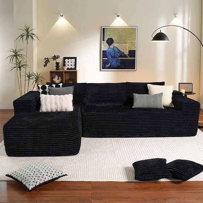 ovios 104" Cloud Sectional Couch with L-Shape Chaise,Modern Modular Sofa with Deep Seat, Upholstered Couches for Living Room Bedroom,No Assembly Required, Black (Plush Corduroy Fabric)-Ruum Studio Home