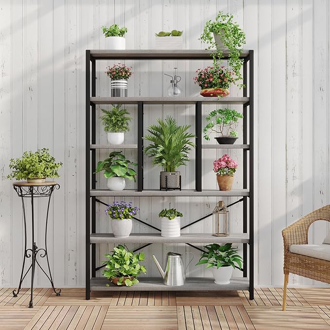 LVB Industrial 6 Tier Bookshelf, Large Tall Open Rustic Vintage Etagere Bookcase, Gray Big Wide Modern Farmhouse Wood and Metal Book Shelf for Home Bedroom Living Room Office Storage, Light Grey Oak-Ruum Studio Home