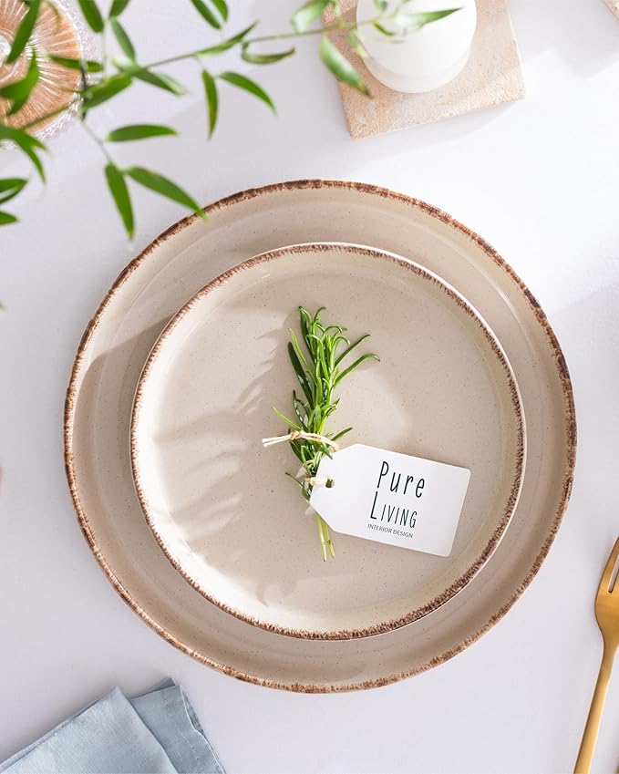 Stoneware dinnerware set 4 persons Rustic 12 pcs - Rustic design dinnerware set, dishwasher safe - Bowl and plate set - Pure Living dinnerware in beige…-Ruum Studio Home