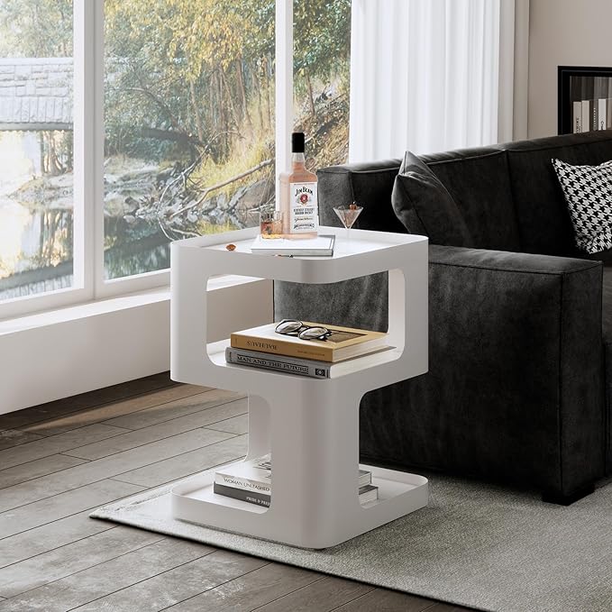Modern Side Table,White end Table,Unique nightstand,Bedside Table,Metal 3-Tier Night Stand with Storage,Accent Side Table for Couch,Bedroom,Living Room.No Assembly Required.-Ruum Studio Home