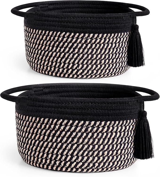 Empty Gift Basket - SweetMemo Mini Woven Rope Organizer Baskets for Baby Shower, Vanity, Makeup Brushes, Bathroom, Shelves, Desk - Small Decorative Storage Bins - Set of 2, Pre-Shaped, Black Brown-Ruum Studio Home
