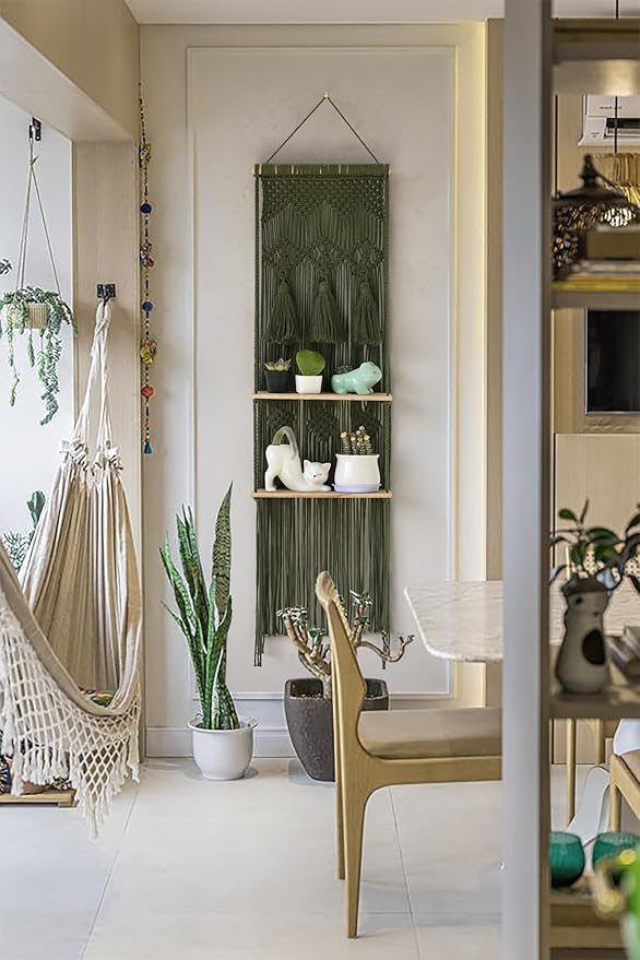 Hanging Shelf Macrame Wall Hanging Green Boho Shelfs with Tassels 2 Tier Floating for Plants Bedroom Dorm Living Room Wall Decor Rustic Wooden Organizer(Wood)-Ruum Studio Home