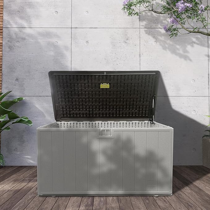 110 Pro Gallon Resin Deck Box, Waterproof Outdoor Storage Bin for Patio, Poolside, and Garden, Lockable & UV-Resistant, Ideal for Small Spaces, Coffee-Ruum Studio Home