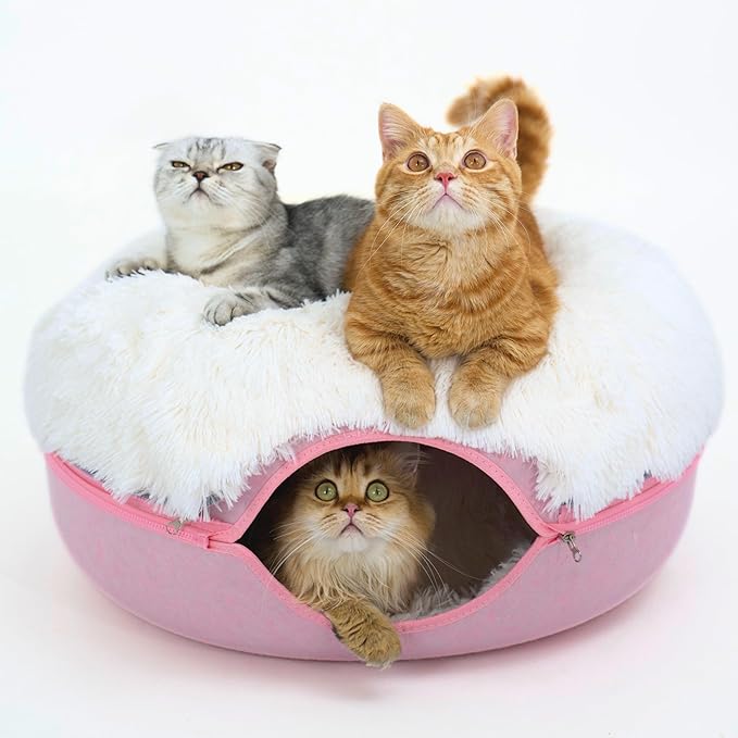 CATTASAURUS Peekaboo Cat Cave for Multiple & Large Cats Up to 30-45 Lbs, Fluffy Cat Beds for Indoor Cats, Scratch Detachable & Washable Tunnel Bed, Comfy Donut Cat Cave (Pink, Large (Calming))-Ruum Studio Home