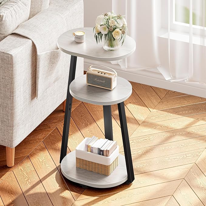 Side Table, Small End Table with Metal Frame, 3-Tier Bedside Tables, Round Side Tables for Living Room Bedroom Couch Bathroom, Oval, White Maple-Ruum Studio Home
