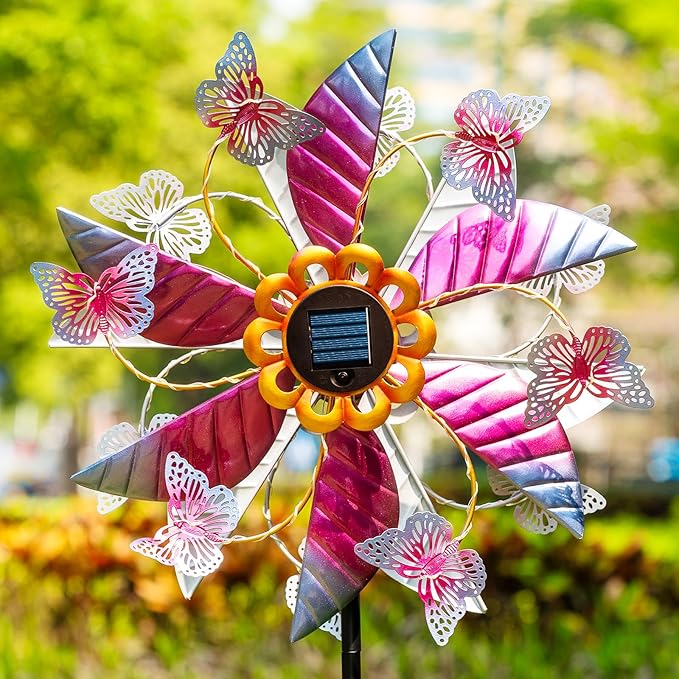 Solar Wind Spinners for Yard and Garden - 61.5 Inch 360° Metal Large Wind Sculptures Outdoor Clearance Kinetic Windmills with Vine String Shining LED Lights for Patio, Lawn Garden Decoration-Ruum Studio Home
