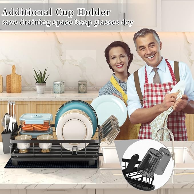 Godboat Dish Drying Rack, Dish Rack with Auto-Drain & Mat, Dish Drainers for Kitchen Counter, Glass Organizer for 4 Cups, 3 Slots Utensil Holder, Gifts for Women Mothers Day, Kitchen Gadgets & Decor-Ruum Studio Home