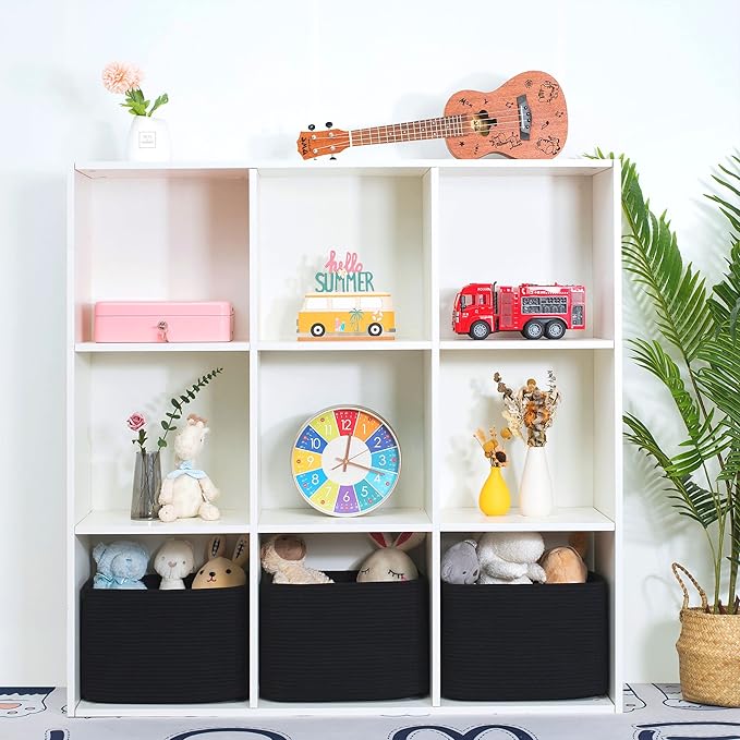 MINTWOOD Design 3-Pack Storage Baskets for Shelves, Playroom and Classroom, Book Basket, Decorative Storage Cube Bins, Woven Closet Organizers, Pantry and Shoe Organizer, Full Black-Ruum Studio Home