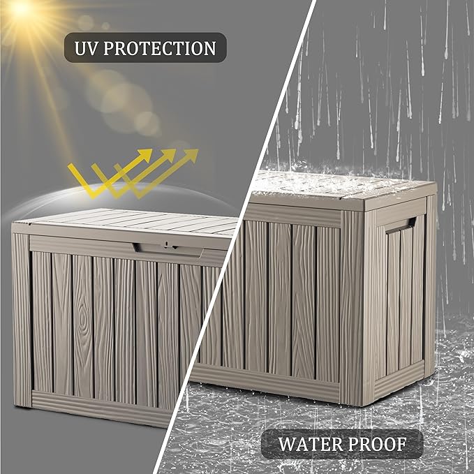 80 Gallon Lockable Resin Deck Box, Waterproof & UV-Resistant Outdoor Storage Box for Outdoor Cushion Storage, Garden Tools & Pool Accessories Storage, Gray-Ruum Studio Home
