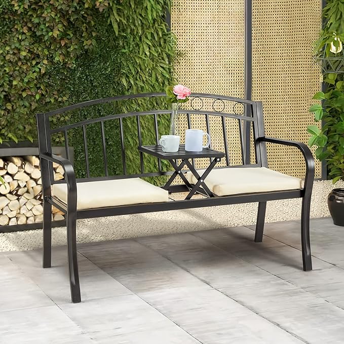 AVAWING Outdoor Metal Garden Bench, 2-Seat Patio Porch Bench with Steel Frame, Park Bench w/Pullout Middle Table＆ Cushion for Backyard Lawn Deck Entryway, Black-Ruum Studio Home