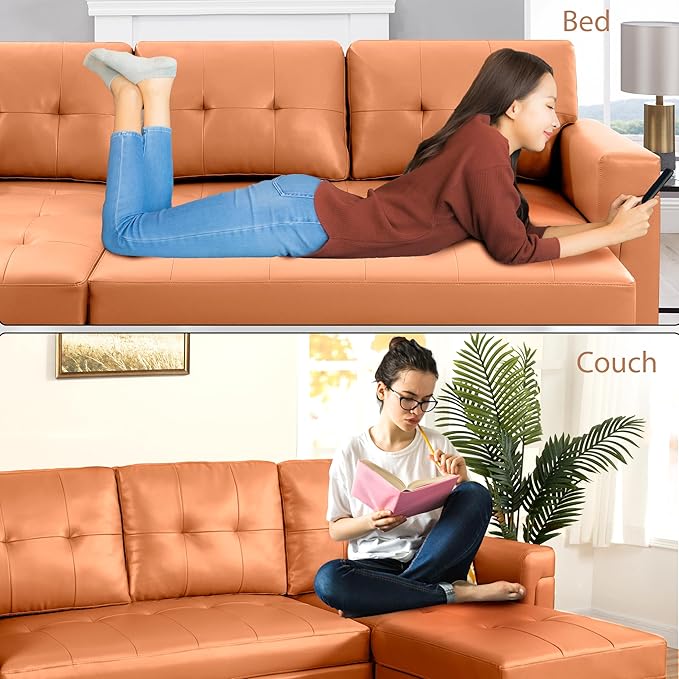 Naomi Home Transform Any Space: Sleeper Sectional Sofa with Convertible Sofa Bed & Inviting Chaise. Find Tranquil Comfort with Stress-Relieving Design & Durable Cushions - Caramel,Air Leather-Ruum Studio Home