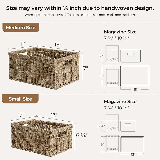 StorageWorks Wicker Storage Baskets, Large and Small Baskets, Handwoven Seagrass Basket for Organizing, Decorative Organizers with Built-in Handles, Set of 2-Ruum Studio Home