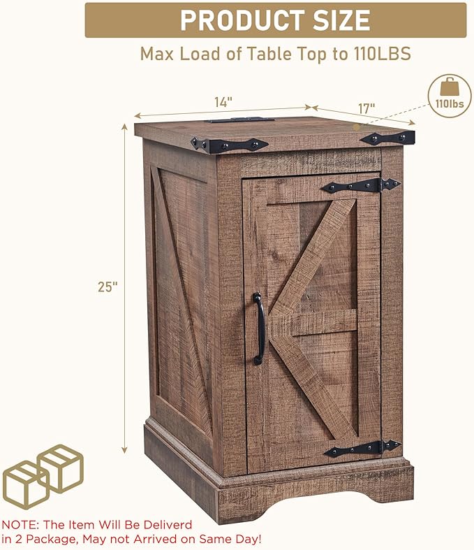 JXQTLINGMU Farmhouse Nightstand Set of 2 with Charging Station, 17"D Rectangular End Table with Barn Door & Adjustable Storage Shelf, Wood Rustic Sofa Side Table for Living Room, Bedroom, Light Brown-Ruum Studio Home