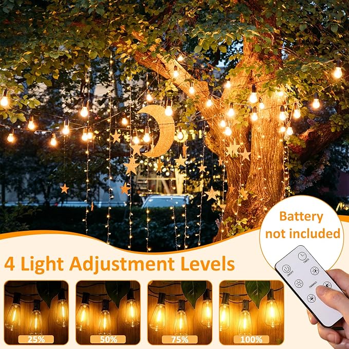 48Ft LED Outdoor String Lights with Dimmer, 15 Edison Bulbs Waterproof Patio String Lights with 4 Brightness Modes Remote Control (Included), Porch Backyard Bistro Decoration-Ruum Studio Home