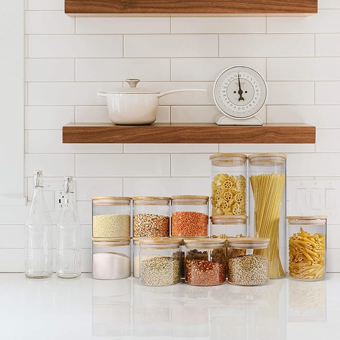 Glass Jars with Bamboo Lids (16oz in 9 Pack), Food Jars and Canisters Sets with lids, Food Storage Jars with Airtight Lids, Glass Pantry Jars-Ruum Studio Home