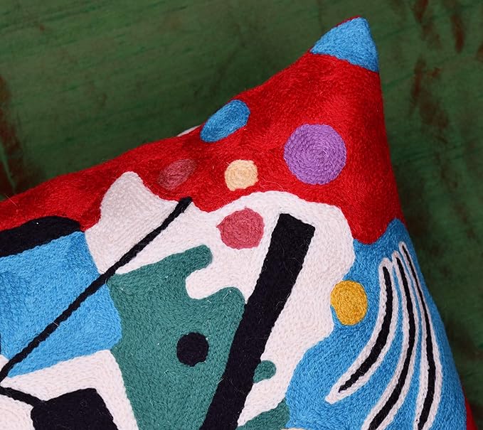 Kandinsky Modern Couch Pillow Cover - Red Painting | Abstract Toss Pillow | Modern Chair Cushion| Contemporary Pillow | Mid Century Chair Cushion | Hand Embroidered Pillow | Wool Size 18x18-Ruum Studio Home